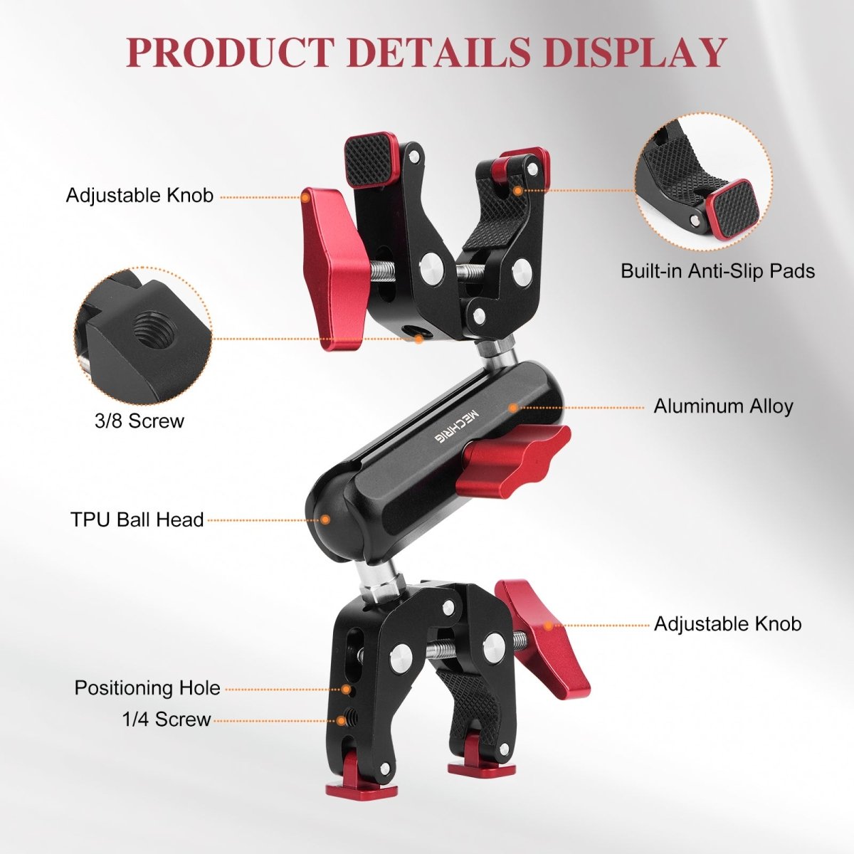 Mechrig 360° Adjustable Dual Super Clamp Mount with Ball Head Arm