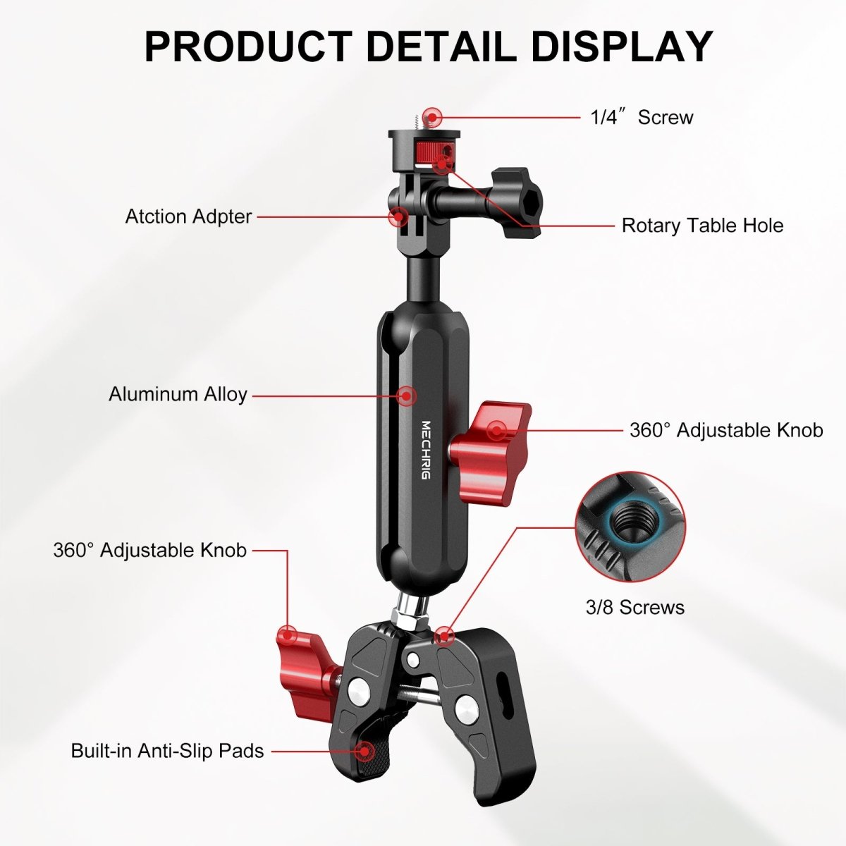 Mechrig Riding Dual Ball Head Super Clamp Mount with GoPro Base & 1/4" Screw
