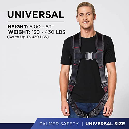 Palmer Safety ATERET Fall Protection 5pt Safety Harness, 1D-Ring, Quick-Connect Buckle, Grommet Legs, Sewn in Back Pad I OSHA ANSI Compliant Personal Equipment (Black - Universal)
