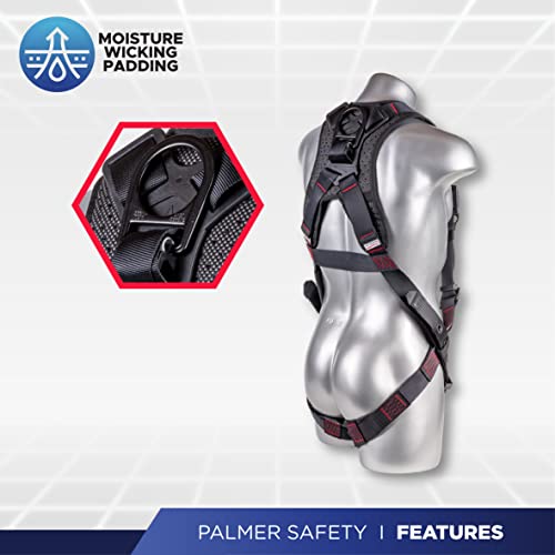 Palmer Safety ATERET Fall Protection 5pt Safety Harness, 1D-Ring, Quick-Connect Buckle, Grommet Legs, Sewn in Back Pad I OSHA ANSI Compliant Personal Equipment (Black - Universal)