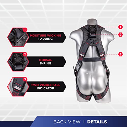 Palmer Safety ATERET Fall Protection 5pt Safety Harness, 1D-Ring, Quick-Connect Buckle, Grommet Legs, Sewn in Back Pad I OSHA ANSI Compliant Personal Equipment (Black - Universal)