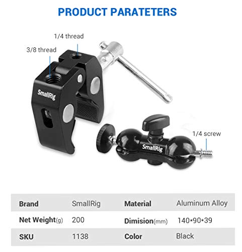 SMALLRIG Cool Ballhead Arm Super Clamp Mount Multi-Function Double Ball Adapter with Bottom Clamp