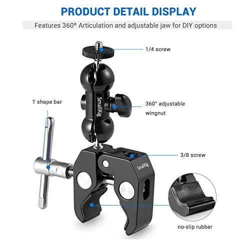 SMALLRIG Cool Ballhead Arm Super Clamp Mount Multi-Function Double Ball Adapter with Bottom Clamp