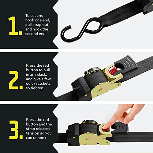 Auto Retractable Ratchet Straps Heavy Duty (4 pack) - Working Load Limit 500Lbs