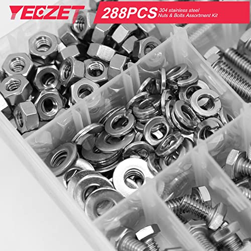 1/4-20" Hex Bolts and Nuts Washers Assortment Kit, 288PCS - Stainless Steel