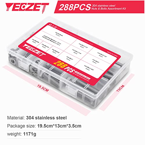 1/4-20" Hex Bolts and Nuts Washers Assortment Kit, 288PCS - Stainless Steel - Grip Support Store