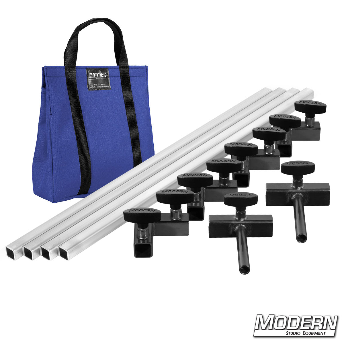 Film production frame kit showing aluminum tubes, ears, and connectors laid out with blue bag