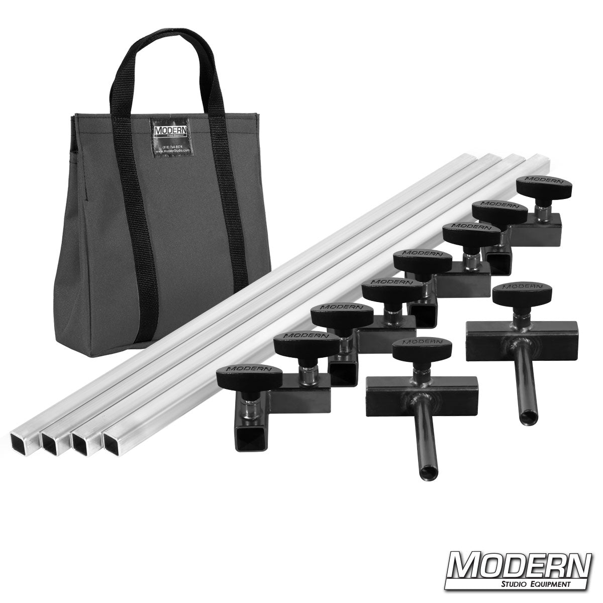 Film production frame kit showing aluminum tubes, ears, and connectors laid out with gray bag