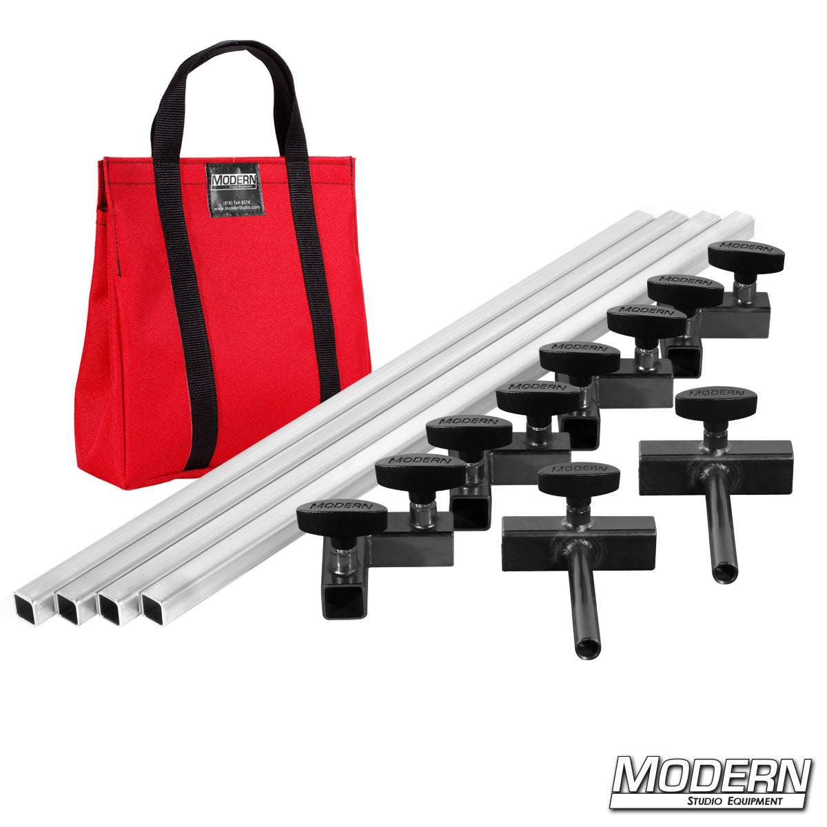 Film production frame kit showing aluminum tubes, ears, and connectors laid out with red bag