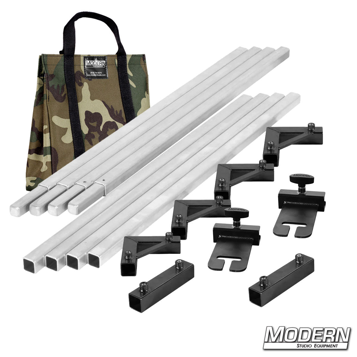 Film production 8 x 8 frame kit showing aluminum tubes, ears, and connectors laid out with camo bag