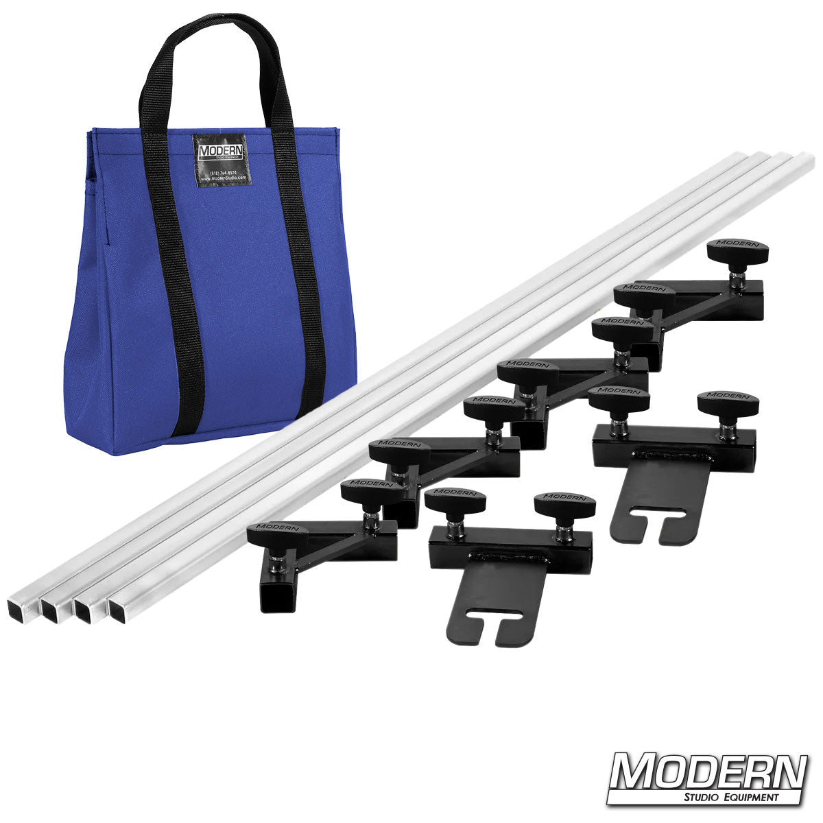 Set of metal brackets and pipes with a blue bag on a white background, featuring the brand 'Modern Studio Equipment'.