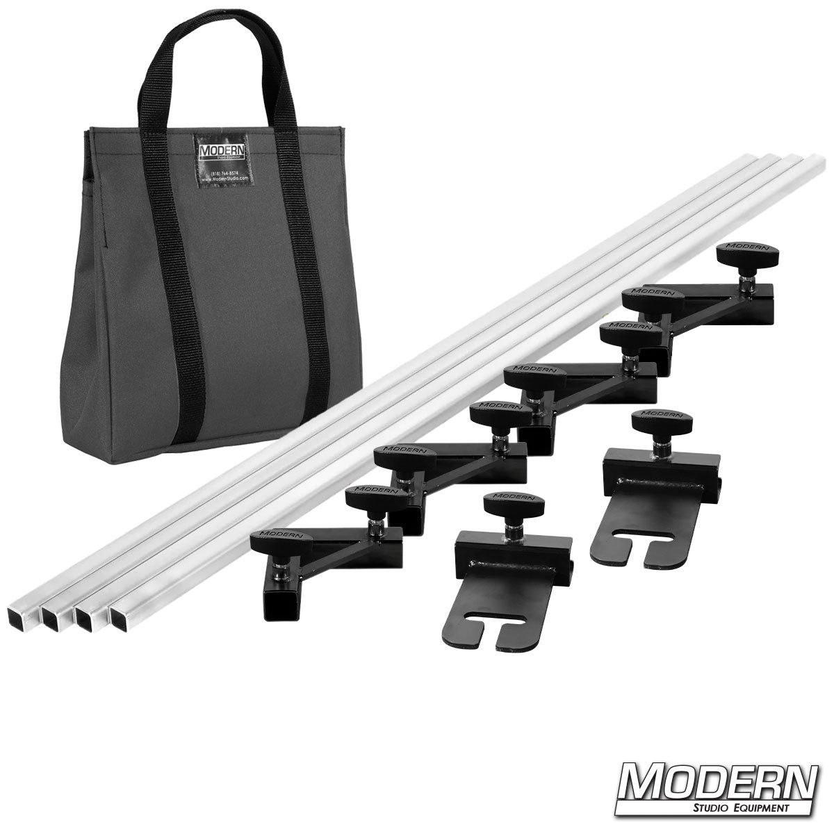 Set of audio rack components with carrying bag on a white background