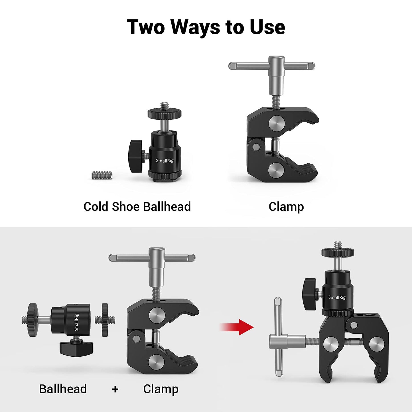 SmallRig Super Clamp Mount with Mini Ball Head Mount, Hot Shoe Adapter with 1/4 Screw for LCD Field Monitor, LED Lights, Flash, Microphone, for Gopro, for DJI Action 2, for Insta360