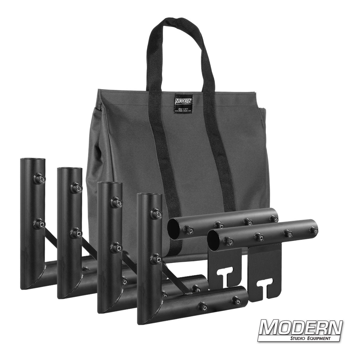 Black metal studio equipment stand with carrying bag on a white background