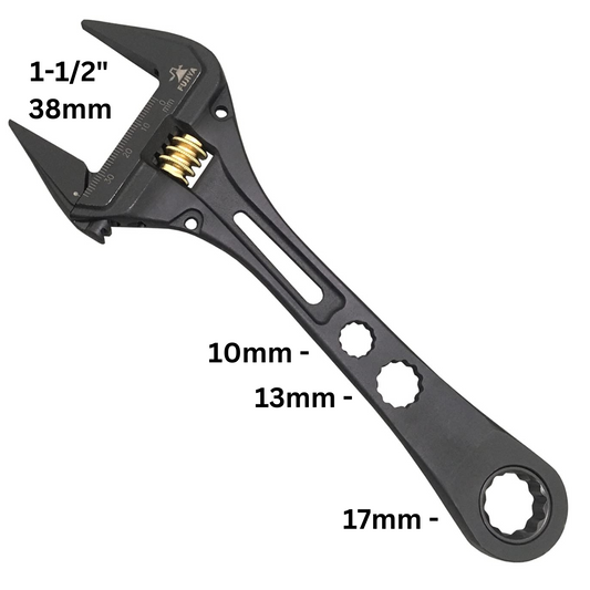 8-1/2" Adjustable Ratchet Crescent Wrench with 1-1/2" jaw + 17mm Socket + 13mm + 10mm Slots