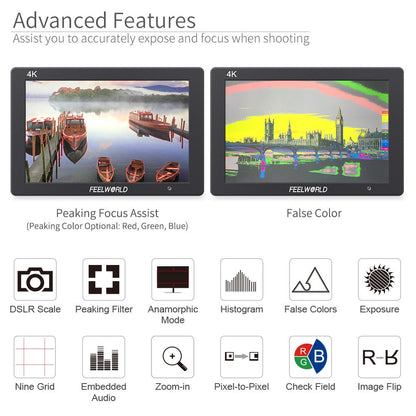 7" - 4K Camera Field Monitor Video Assist Full HD - T7 Plus FEELWORLD - Grip Support Store