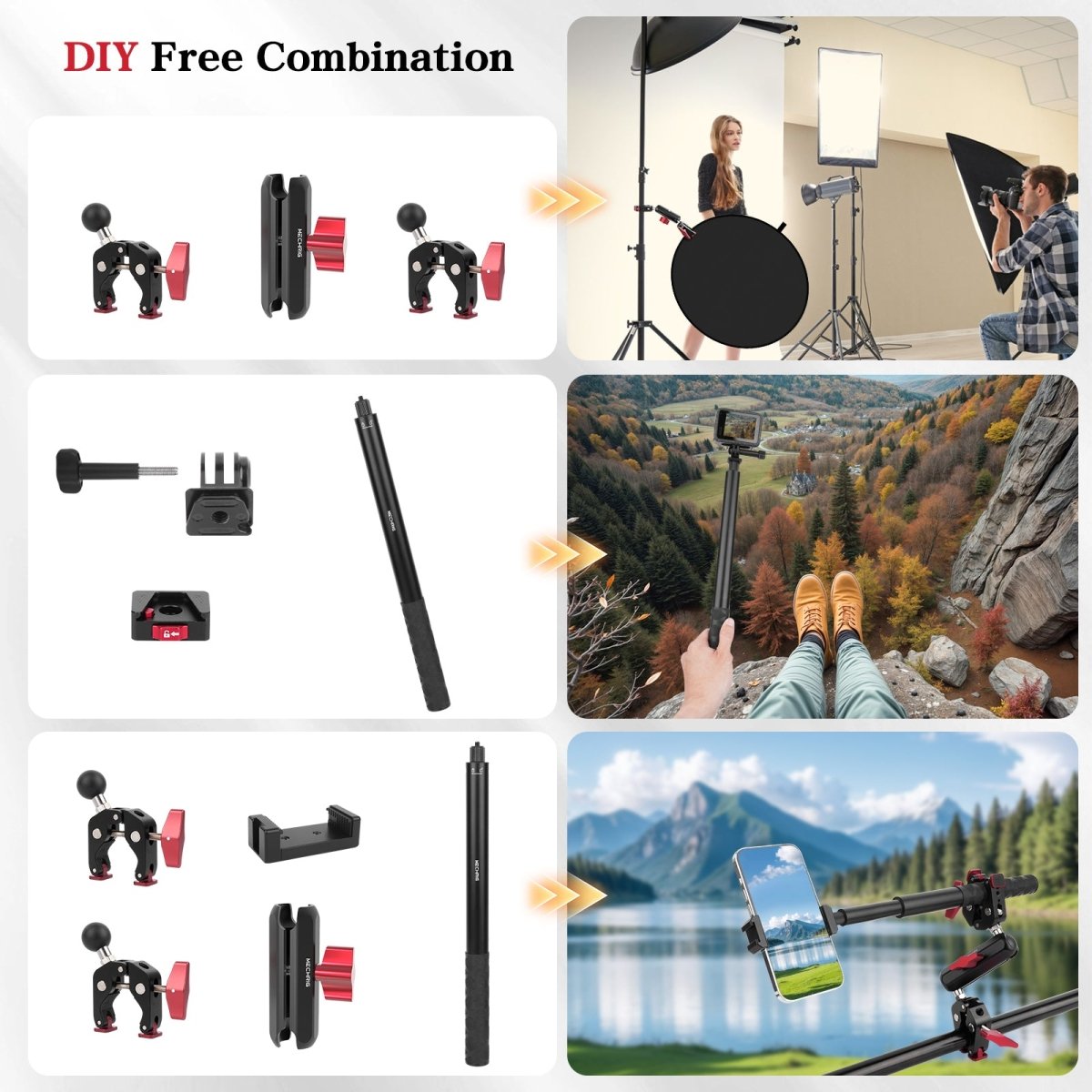 Mechrig Adjustable Camera Mount with 5-Section Pole and Four Super Clamps