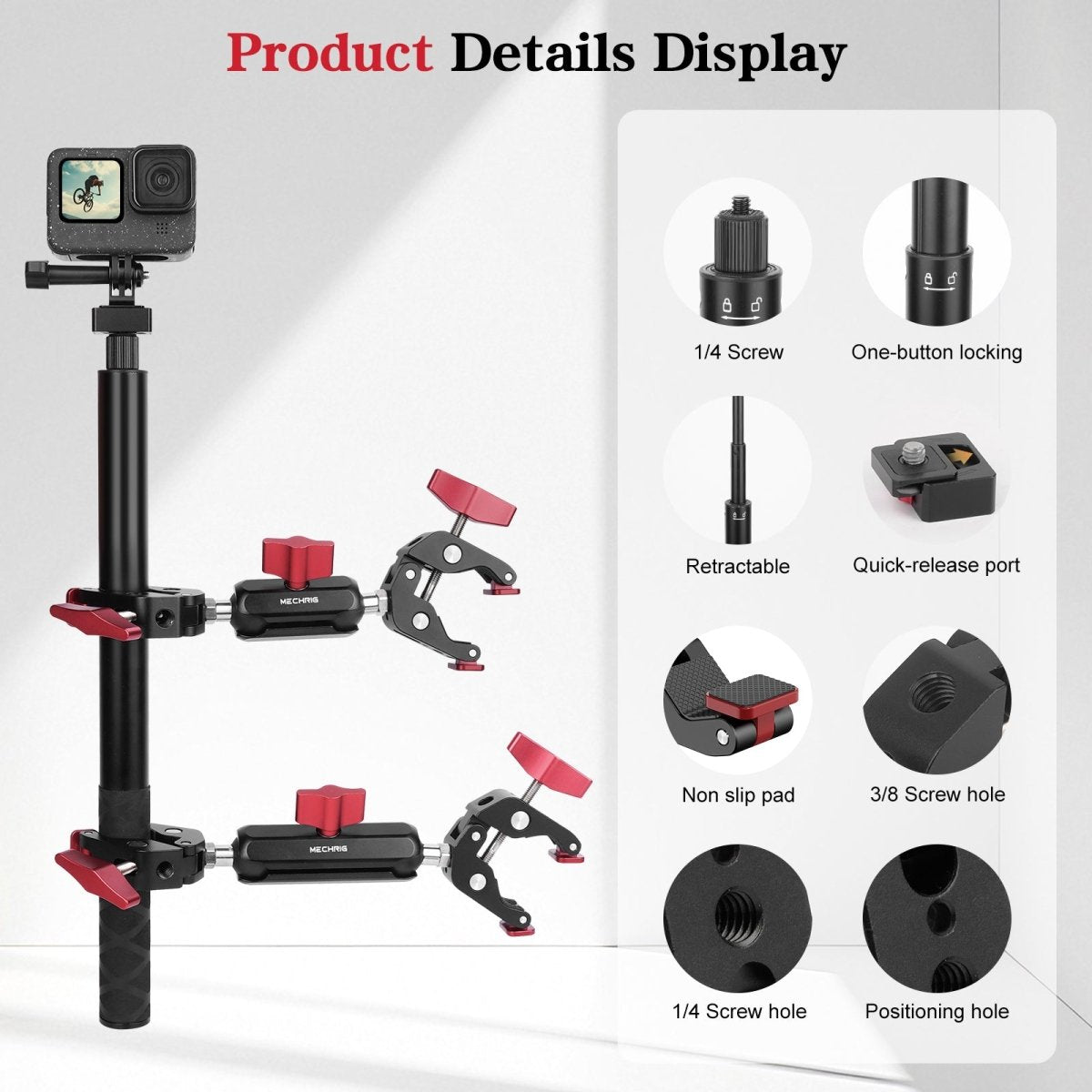 Mechrig Adjustable Camera Mount with 5-Section Pole and Four Super Clamps
