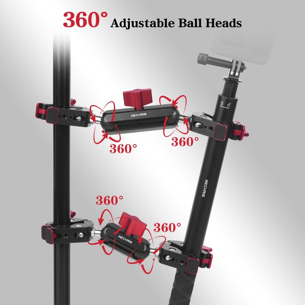 Mechrig Adjustable Camera Mount with 5-Section Pole and Four Super Clamps
