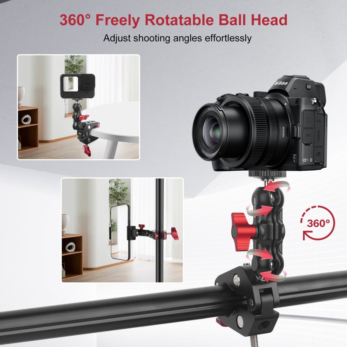 Mechrig Dual Ball Magic Arm Super Clamp Mount with GoPro Adapter & Phone Clamp