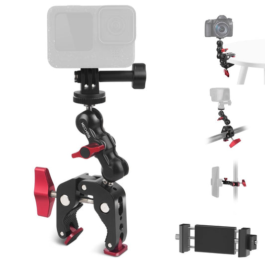 Mechrig Dual Ball Magic Arm Super Clamp Mount with GoPro Adapter & Phone Clamp