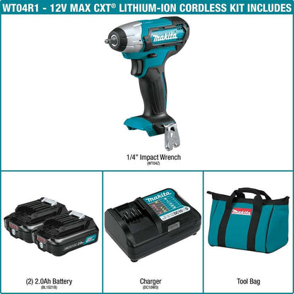 Makita WT04R1 12V max CXT Lithium-Ion Cordless 1/4" Impact Wrench Kit (2.0Ah) - Grip Support Store