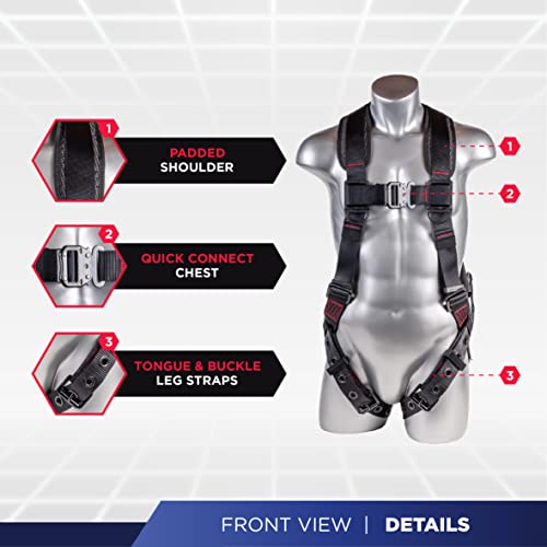 Palmer Safety ATERET Fall Protection 5pt Safety Harness, 1D-Ring, Quick-Connect Buckle, Grommet Legs, Sewn in Back Pad I OSHA ANSI Compliant Personal Equipment (Black - Universal)