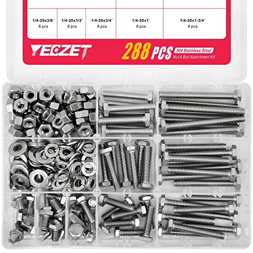 1/4-20" Hex Bolts and Nuts Washers Assortment Kit, 288PCS - Stainless Steel