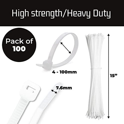 15" White Zip Ties (100 Pack)- Heavy Duty - Grip Support Store